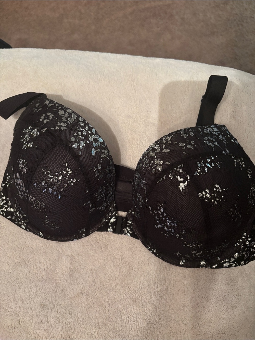 Victoria's Secret Black Lace Floral Push-Up Bra with Silver Accents